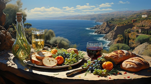 Photo a rustic cliffside dining experience featuring fresh seafood and a panoramic ocean backdrop