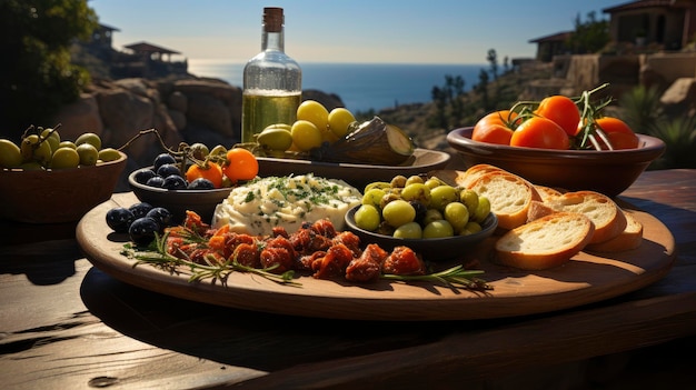 Foto un'esperienza di ristorazione rustica sulla scogliera con frutti di mare freschi e uno sfondo panoramico dell'oceano