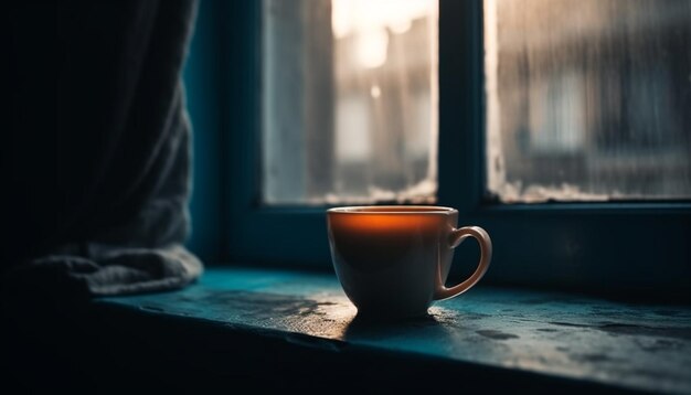 Rustic coffee cup on wooden window sill steam and relaxation generated by artificial intelligence