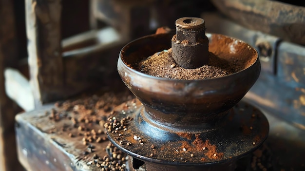 사진 신선하게 은 커피 콩으로 가득 찬 시골 커피 밀러 전통적인 수동 커피 밀어
