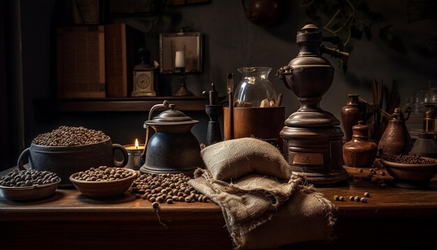 Rustic coffee grinder on old table grinds fresh beans daily generated by AI