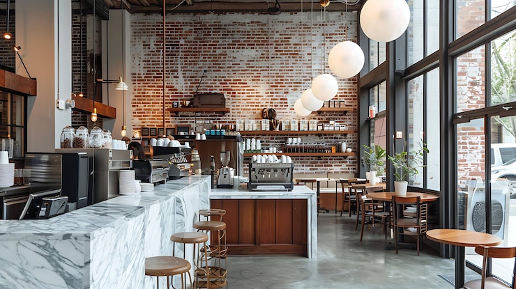 Photo rustic coffee shop interior with brick walls marble counters and wood tables and chairs