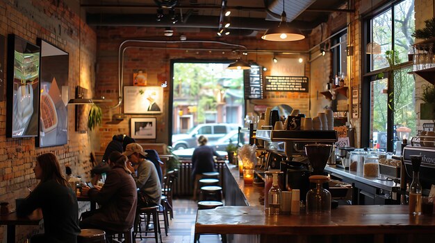 Photo rustic coffee shop interior with brick walls wooden tables and chairs and a large window looking out onto the street