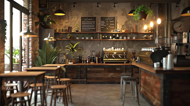 Rustic coffee shop interior with a vintage feel There are wooden tables and chairs a brick wall and a large coffee machine