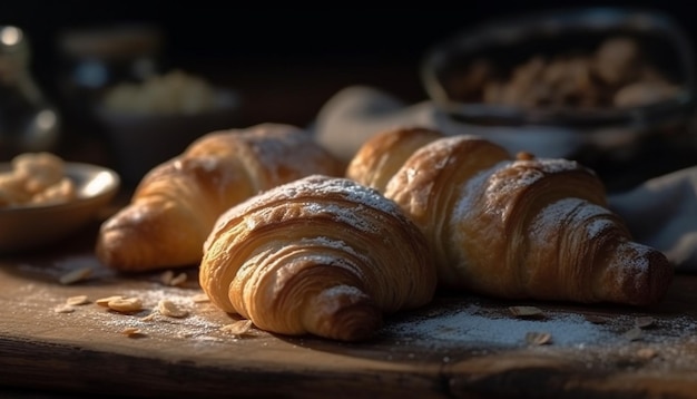 A rustic continental breakfast with fresh French croissants and baguette generated by AI