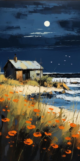 Rustic Cottage Painting With Red Poppies On Beach