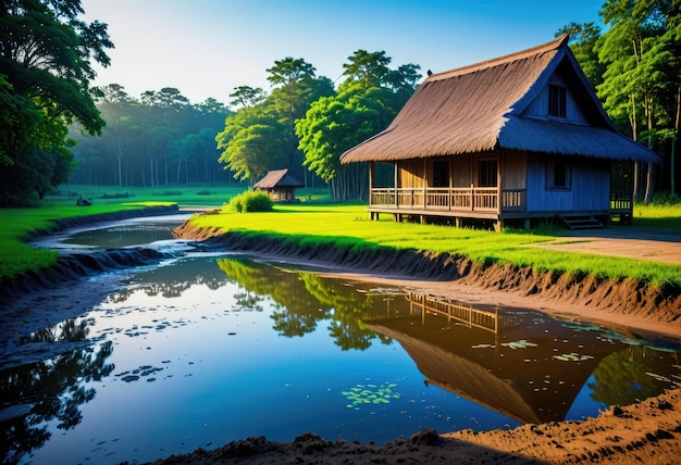 물과 진 연못으로 둘러싸인 시골의 오두막집은 아시아의 조용한 풍경에 자리 잡고 있습니다.