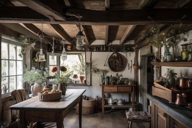 Rustic cottage with exposed wooden beams vintage trinkets and floral accents