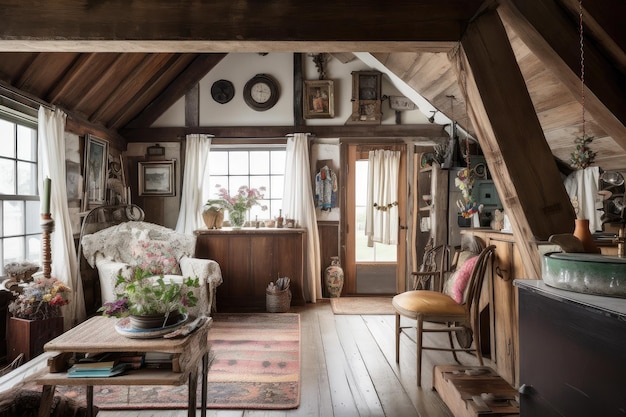 Rustic cottage with exposed wooden beams vintage trinkets and floral accents