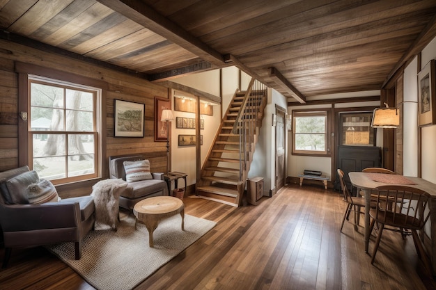 Rustic cottage with warm wood floors natural light and cozy furnishings