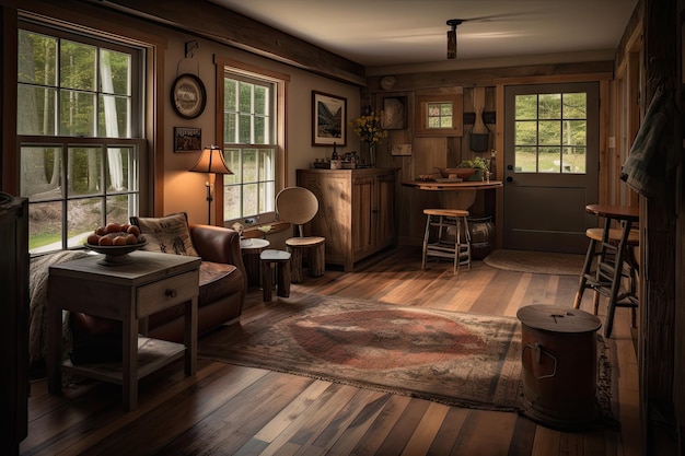 Rustic cottage with warm wood floors natural light and cozy furnishings