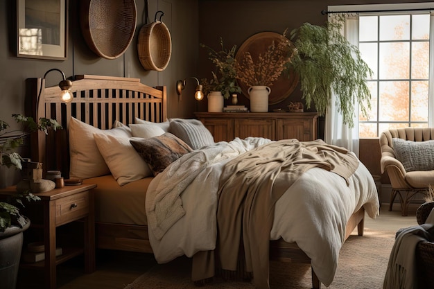 Rustic and cottagestyle bedroom with warm tones wooden accents and cozy blankets