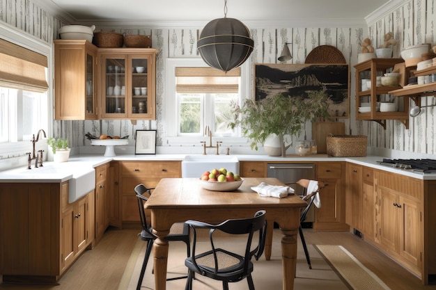 Rustic and cottagestyle kitchen with striped wallpaper bistro chairs and farmhouse sink