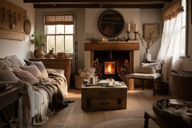 Rustic and cottagestyle living room with cozy fireplace plush sofa and vintage accessories