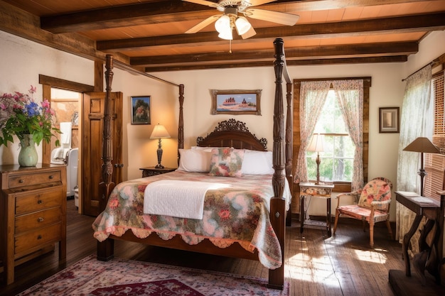 Rustic cottagestyle room with wooden furnishings and floral accents