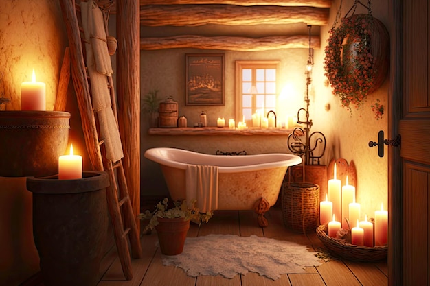 Rustic country bathroom interior by candlelight with decor and wooden bathtub generative ai