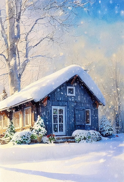 Rustic country house snowy winter