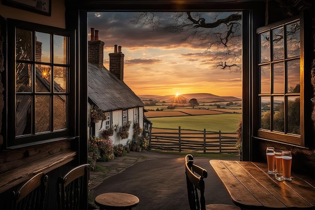 Rustic country pub with view of sunset over fields and hills created with generative ai