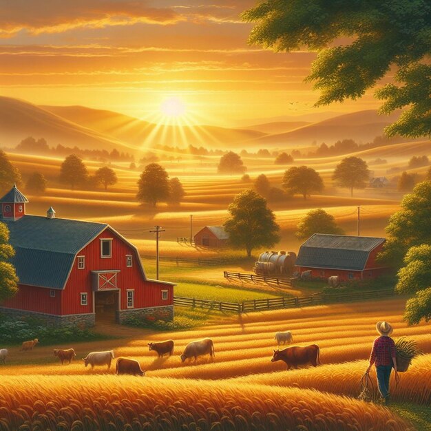 A Rustic Countryside Farm at Sunset