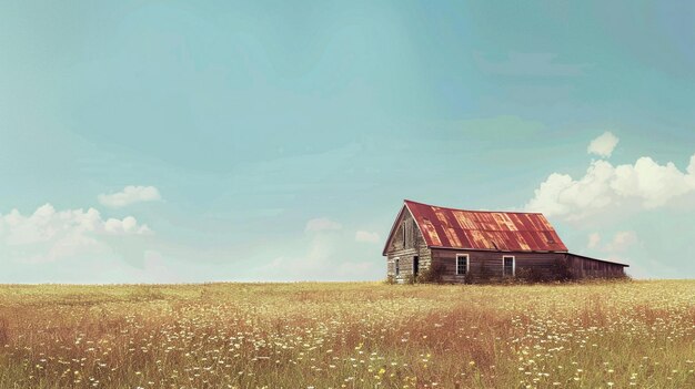 Rustic Countryside Farmhouse with Red Roof in Field Gradient Background