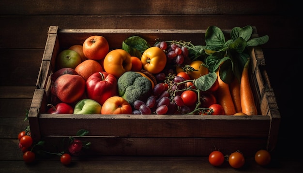 Rustic crate holds healthy homegrown vegetable abundance generated by AI