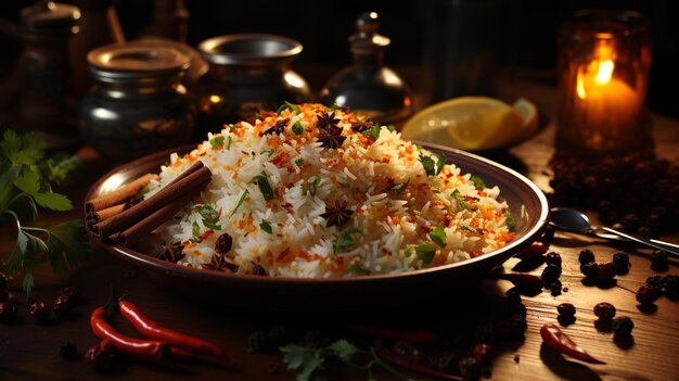 Rustic crockery holds gourmet basmati rice with chili pepper