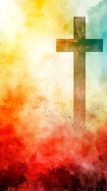 Rustic cross against a vibrant watercolor backdrop embodying spiritual peace and diversity