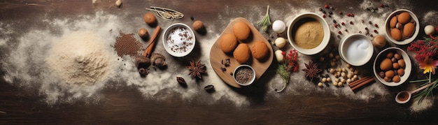 Foto sinfonia culinaria rustica su legno un quadro di ingredienti da forno e spezie pronte per l'alchimia