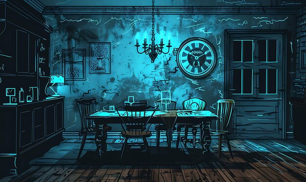 Rustic Dining Room With a Farmhouse Table Vintage Chandelier Interior Room Neon Light VR Concept