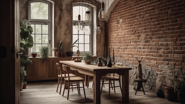 A rustic dining room with a wooden table and exposed brick walls AI generated