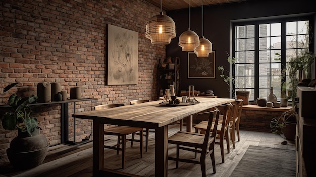 A rustic dining room with a wooden table and exposed brick walls AI generated