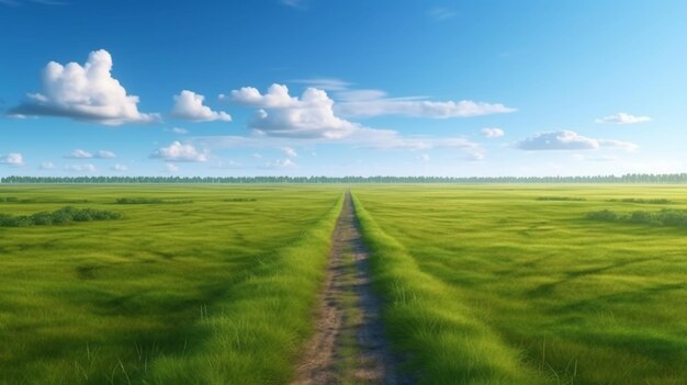 Сельская грязная живописная дорога с зеленой травой и горизонтом с голубым небом, созданным AI