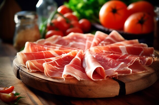 Photo rustic display of thinly sliced prosciutto on a wooden board copper pots backdrop