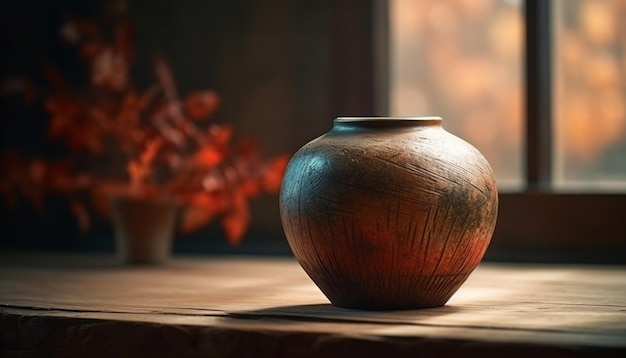 Rustic earthenware vase on wooden table ornate pottery decoration generated by artificial intelligence