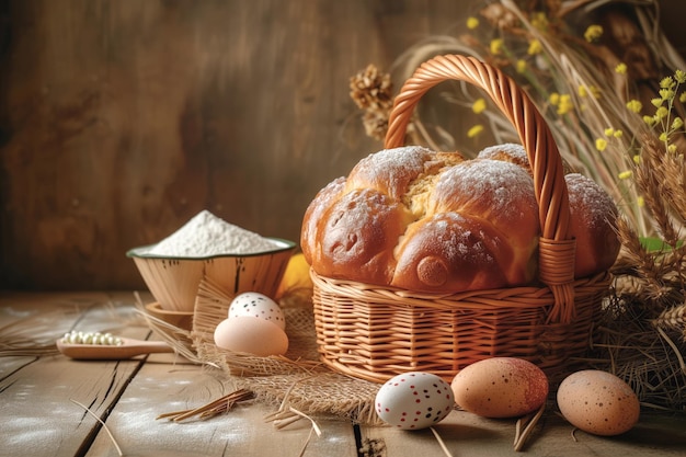 Rustic easter basket on wooden table with bakery delights