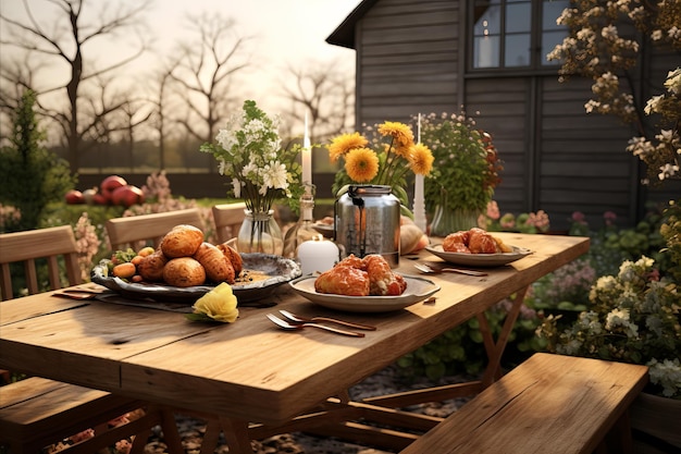 Rustic Easter Dinner Table Setting in de tuin