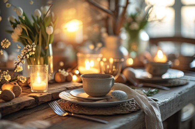 Photo rustic easter table setting with candles generative ai