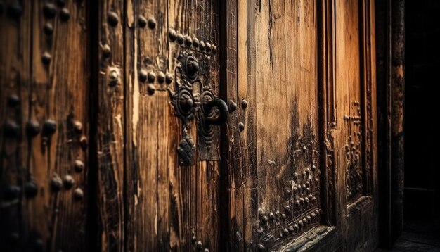 写真 人工知能によって生成された昔ながらのロックと真鍮のドアノブを備えた素朴な優雅さの古代の出入り口