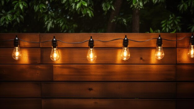 Photo rustic elegance cozy light bulbs hang in a row against a wooden garden fence creating a romantic and illuminated atmosphere for a countryside wedding