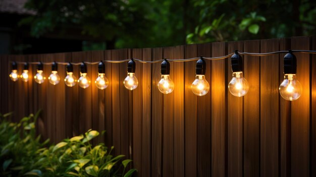 Photo rustic elegance cozy light bulbs hang in a row against a wooden garden fence creating a romantic and illuminated atmosphere for a countryside wedding