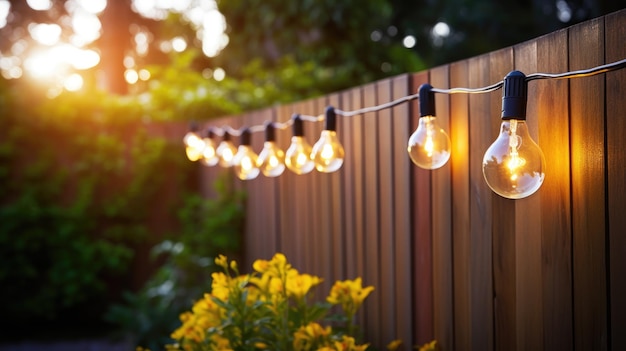 Photo rustic elegance cozy light bulbs hang in a row against a wooden garden fence creating a romantic and illuminated atmosphere for a countryside wedding