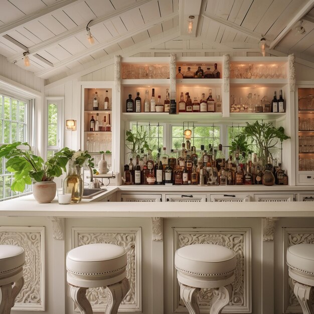 Rustic Elegance Discover the Allure of a Full Bar in a White Wooden Cabin Interior