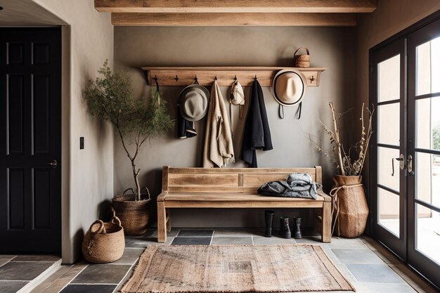 Rustic entryway with a wooden bench coat hooks and a vintage rug