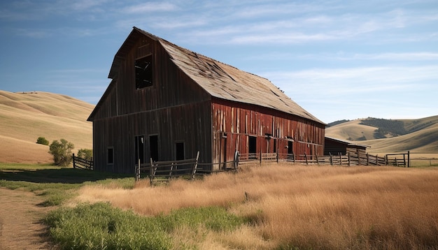 Rustic farm landscape with old barn and weathered shed generated by AI