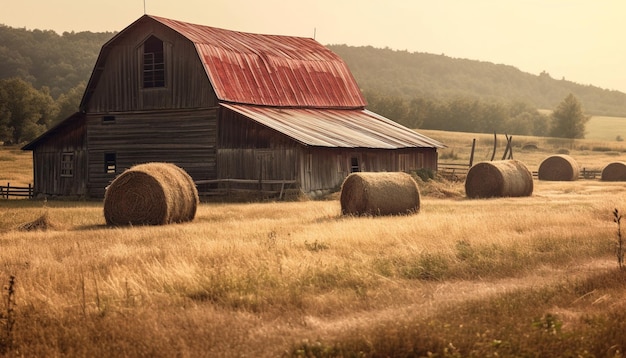 写真 人工知能によって生成された草原で巻き上げられた<unk>のバールを持つ田舎の農場の風景