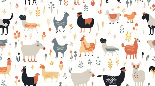 Photo rustic farmhouse animals pattern with a white background