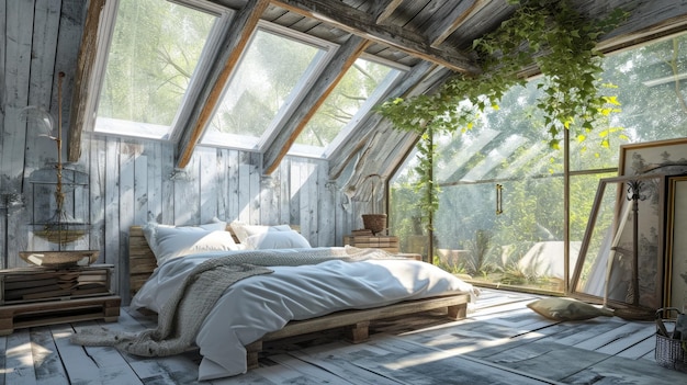 Rustic Farmhouse Bedroom with Vaulted Ceiling and Skylights