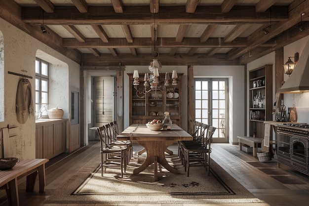 Rustic farmhouse dining room with exposed wood bea