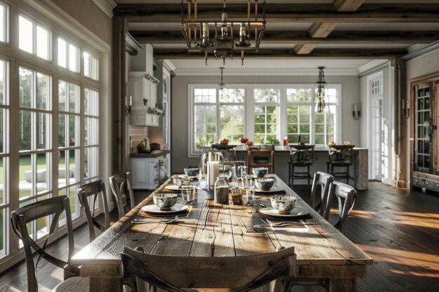 Rustic farmhouse dining room with reclaimed wood t