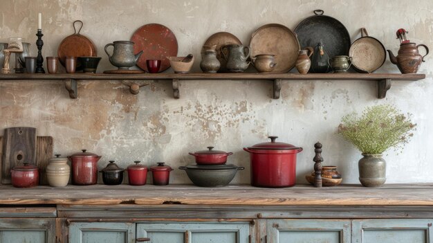 Photo rustic farmhouse kitchen adorned with enamelware and antique cooking utensils